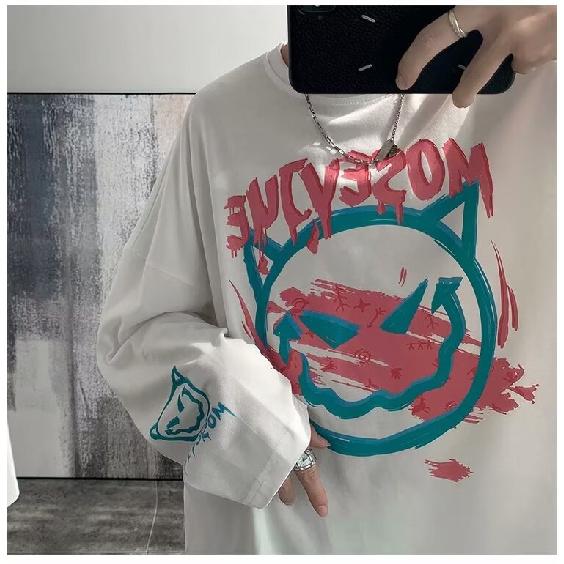2024 Men's Long-Sleeved T-shirt Autumn Undershirt Long Sleeve Cotton Autumn Hong Kong Style Printing Loose Trendy Top
