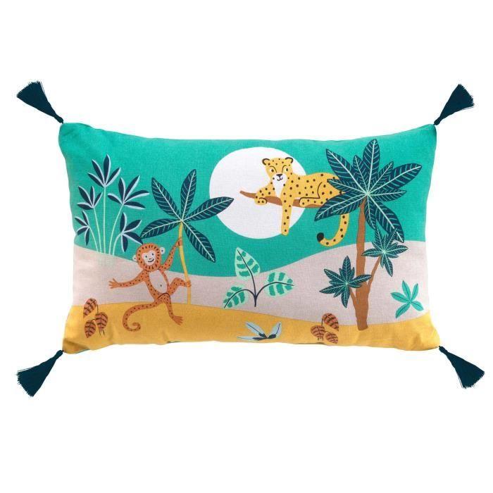 Coussin - Animaux De La Jungle - 30 X 50 Cm - Vert - Déhoussable - Oeko-Tex®