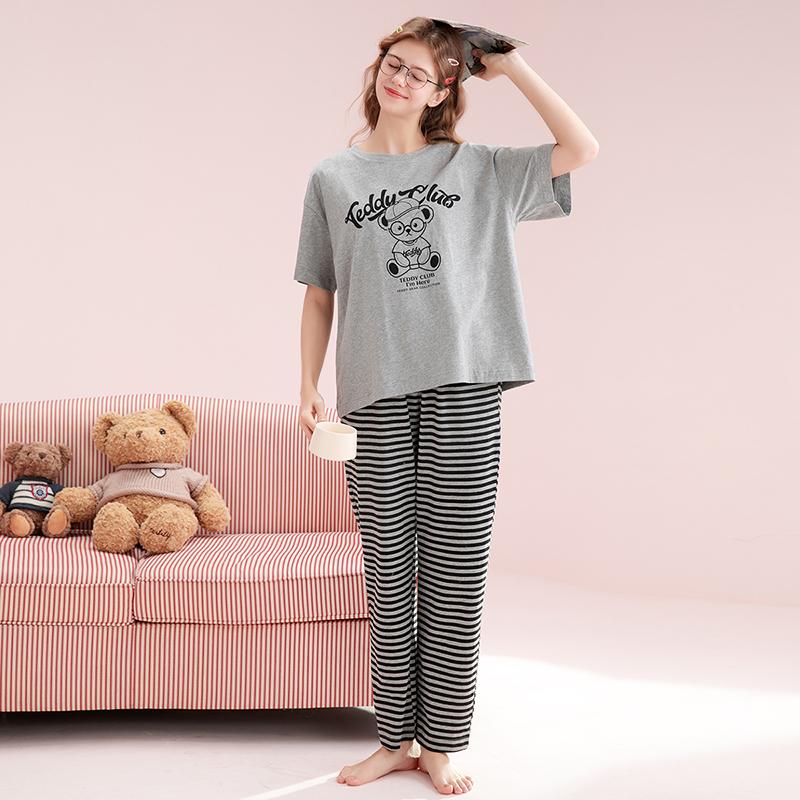 Fenteng [100% Cotton] Teddy Bear IP Summer New Product Round Neck Shorts Thin Pajamas Women's Home Furnishing Set