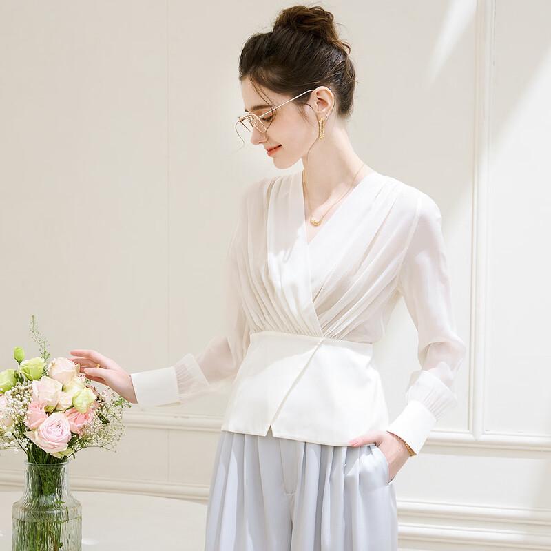 TUHUANG Women s V-Neck Sheer Pleated Mulberry Silk Blouse M