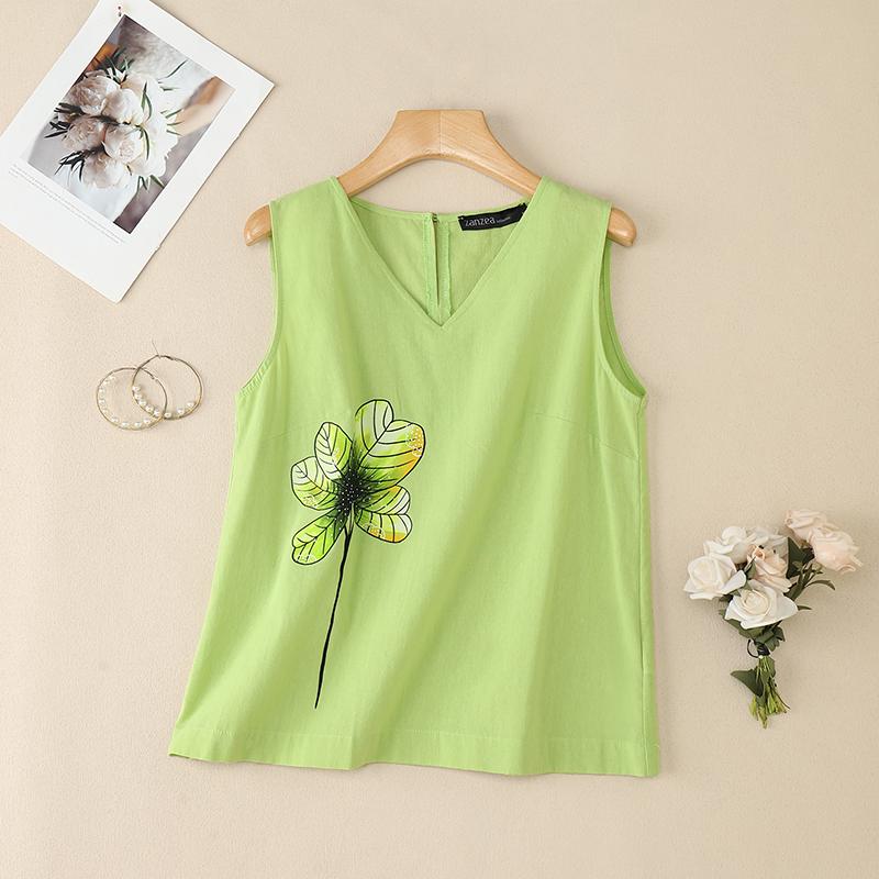 

ZANZEA Women Casual V-Neck Summer Sleeveless Print Tank Tops S зелёный