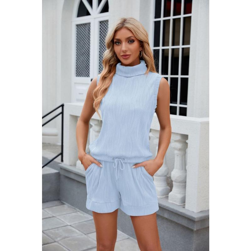 Letní set vesta bez rukávů s vysokým límcem a šortky s kapsami na stahování