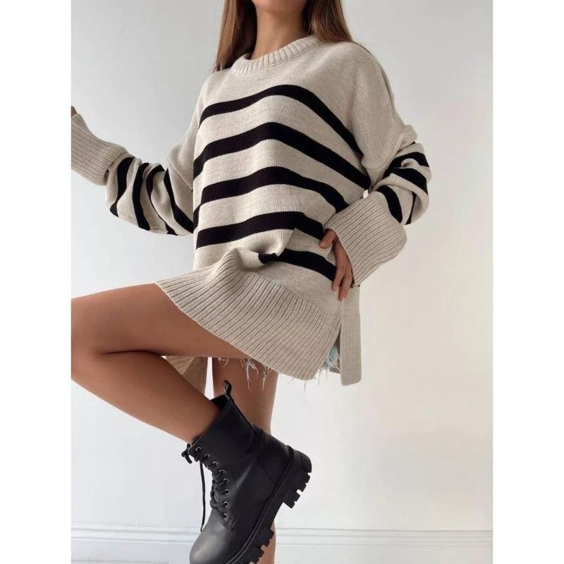 

Женский вязаный свитер пуловер осень и зима новый повседневный полосатый свободный с круглым вырезом свитер куртка женский S