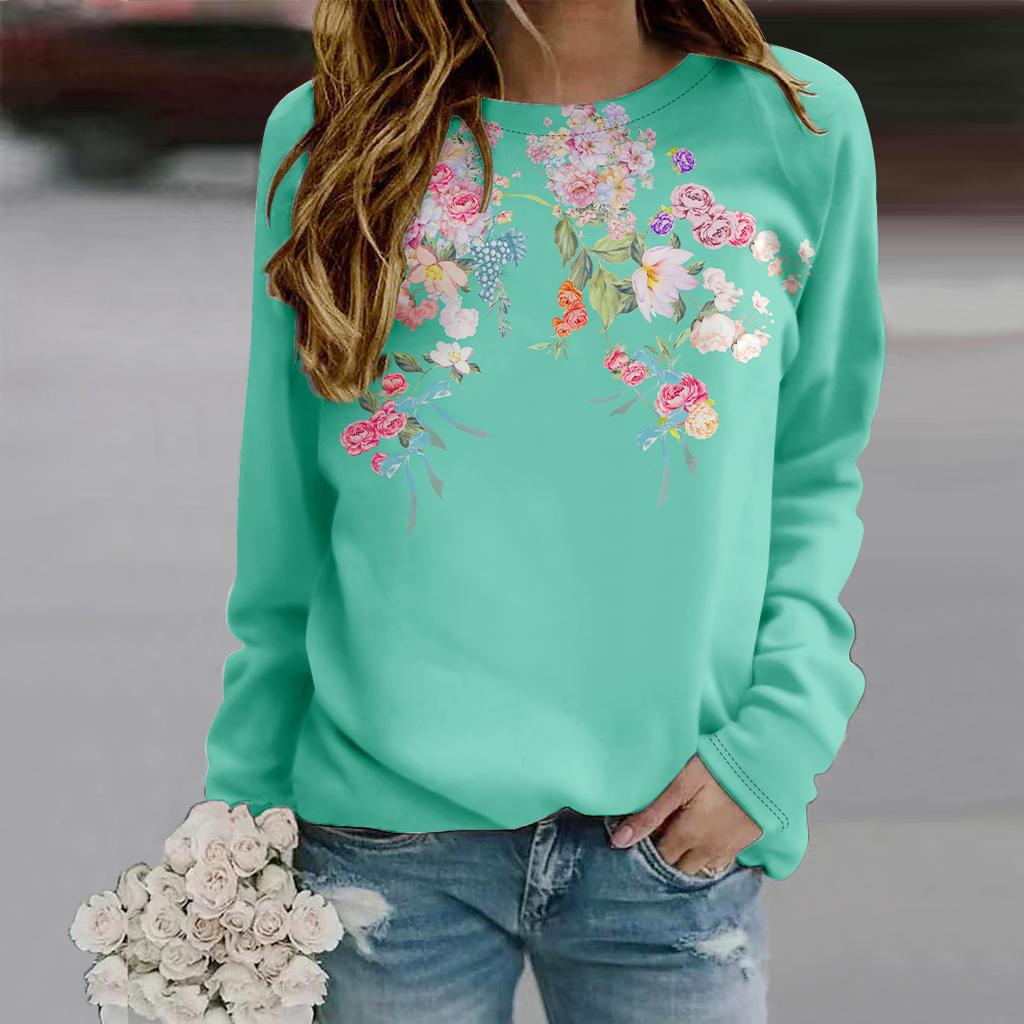 Jesień Jesień Moda Damska Okrągły Dekolt Długi Rękaw T-shirt Luźne Ubrania Błyszczący Nadruk Kwiatu Wachlarzowego T-shirt Dla Dziewczyn Ulica