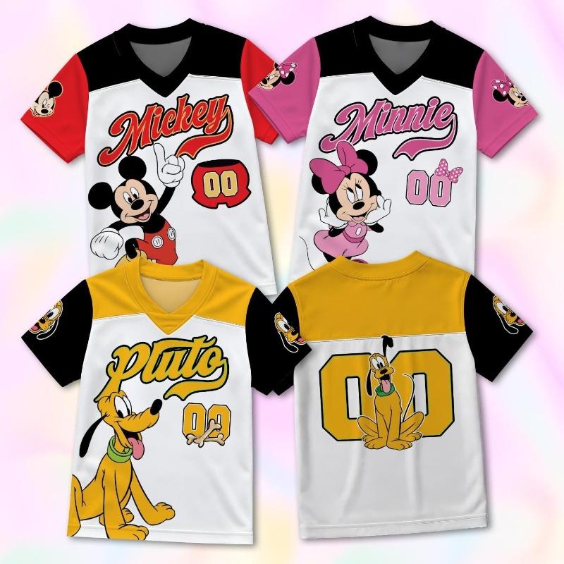 Kids Cartoon Donald Daisy Goofy Print V‑Neck Football Jersey T‑Shirt Girl Short Sleeve Sport Top Casual Loose Children Sportwear