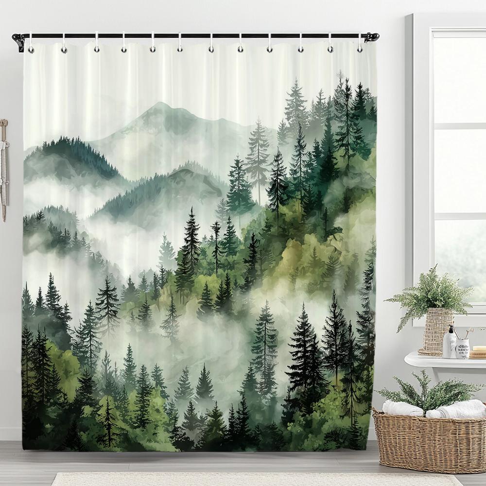 Misty Mountain Shower Curtain: Embrace the Serene Design, Soft Fabric, Natural Landscape Bathroom Decorative Curtain With Hooks