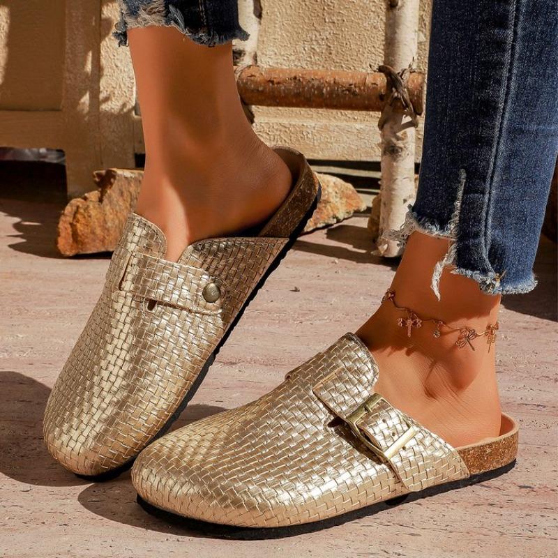 Fashion Gold Woven Buckle Clogs for Women 2026 Summer Closed Toe Cork Sole Mule Shoes Woman Non-slip Flat Heels Half Slippers