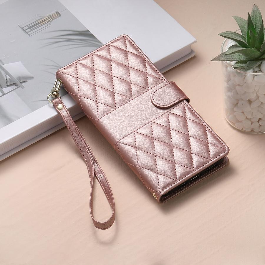 Étui de téléphone matelassé en losanges en cuir PU premium avec cadre photo et poche pour billets pour iPhone Samsung Google Dragonne détachable