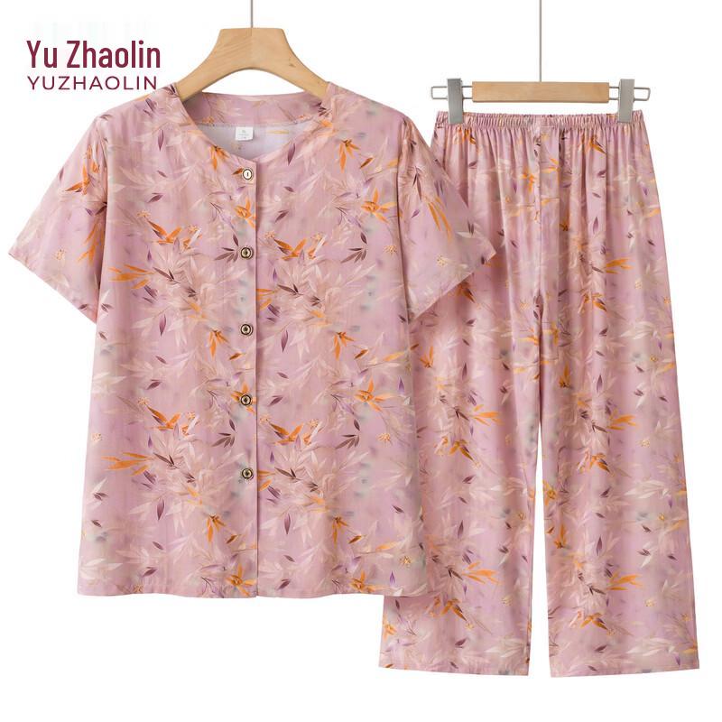 YUZHAOLIN Women s Summer Breathable Printed Short-Sleeve Top & Pants Set 2XL