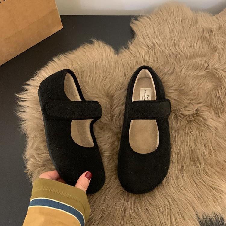 Velcro Gray Fluffy Shoes for Women's Winter Wear New Velvet Single Shoes Warm Cotton Shoes Flat Mary Jane Doudou Shoes