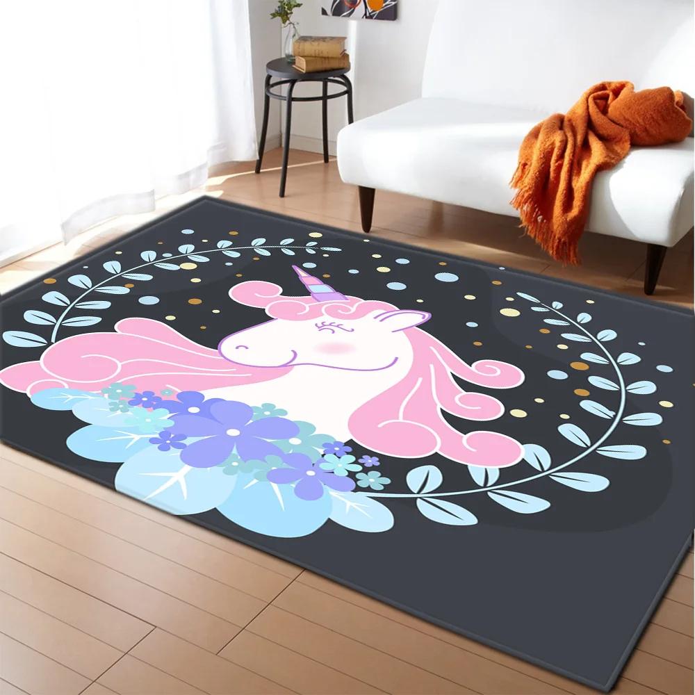 Kids Cartoon Unicorn Carpet Fantasy Animal Crawling Mat Doormat Living Room Area Rug Rainbow Shiny Girls Bedroom Soft Floor Mats