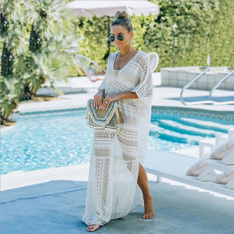 2021 Lange Strand-Überwurfjacke mit Spitze und Stickerei, tiefem V-Ausschnitt und Sonnenschutz