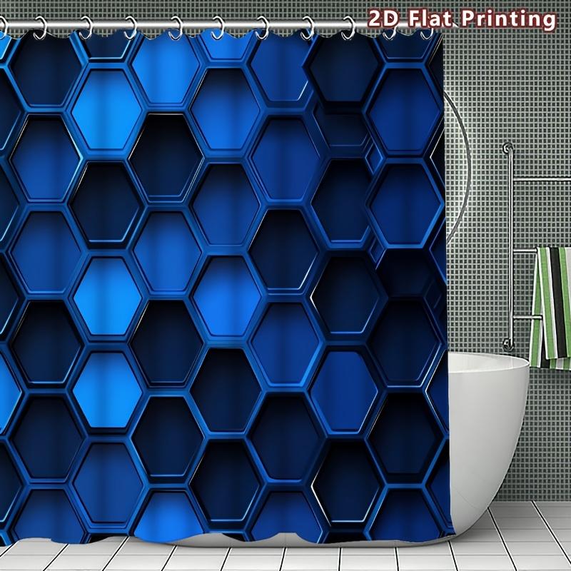 4-teiliges blaues sechseckiges Duschvorhang-Set mit rutschfester Badematte, Toilettendeckelbezug, Kontur-Teppich & 12 Haken, Badezimmerdekoration