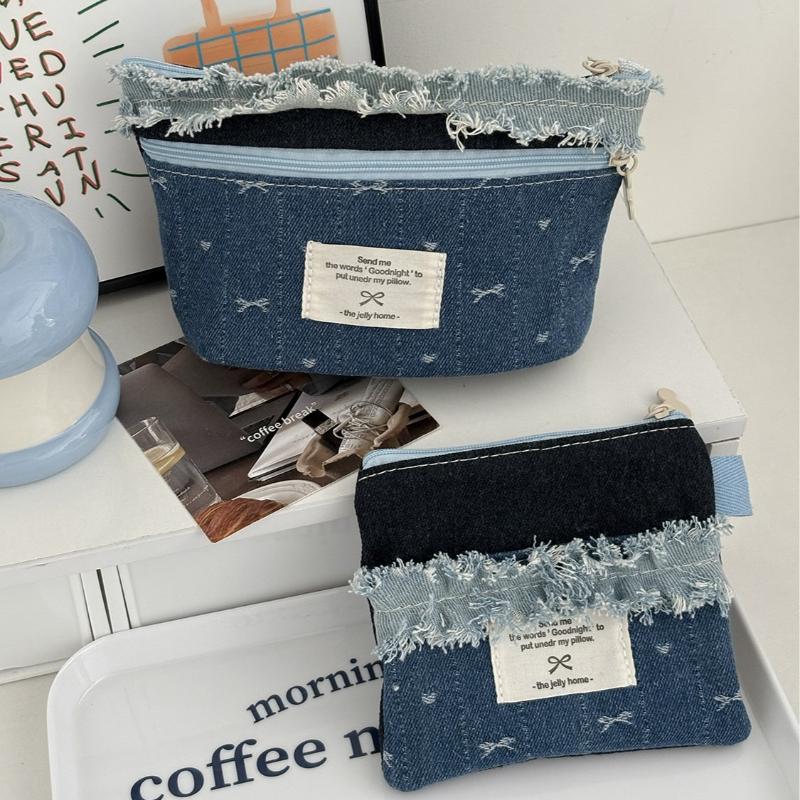 Denim Cloth Lace Ladies Travel Cosmetic Bags Sweet Bow Prints Female Storage Bags Girls Portable Small Square Clutch Coin Purse