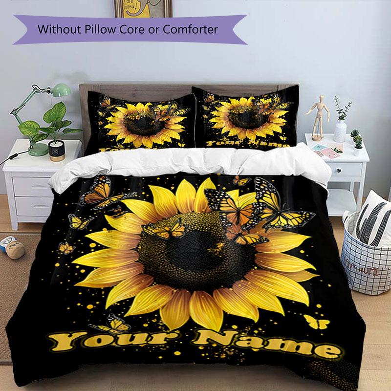 3pcs Custom Name Butterflies Sunflower Bedding Set Printed Bedding Set Duvet Cover Closure Includes 1 Duvet Cover & 2 Pillowcases Bedroom Decor