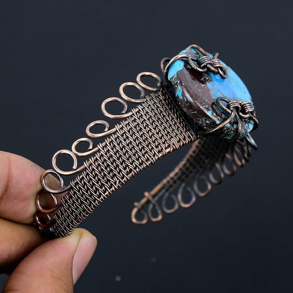 Tibetan Turquoise Pure Copper Wire Wrapped Handmade Jewelry Bangle Bracelet Adjustable