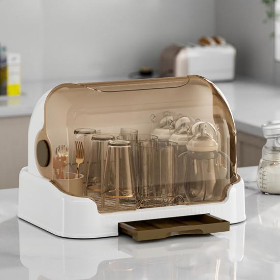 Baby Bottle Drying Rack with Transparent Lid Large Capacity Dustproof Easy To Clean Baby Bottle Storage Box with Removable Drain Tray
