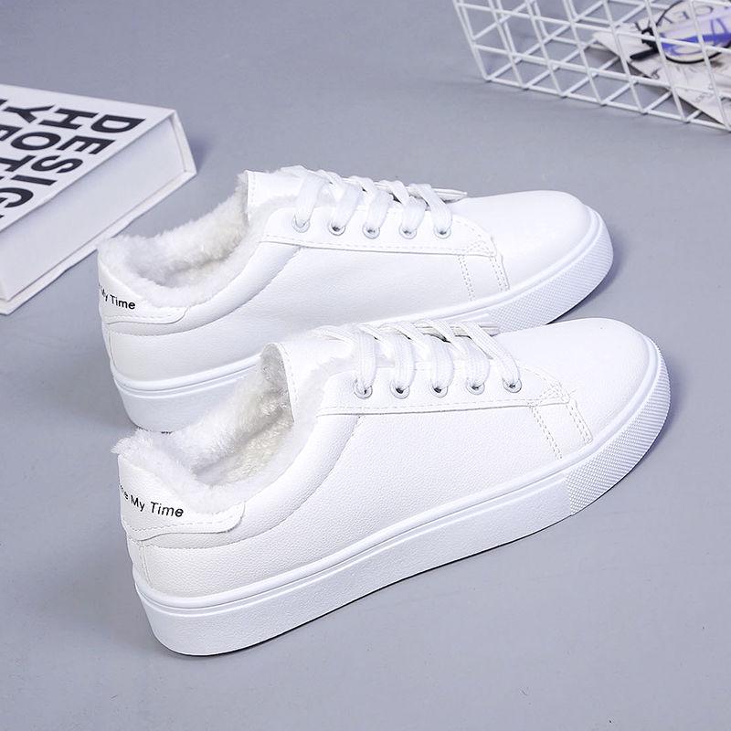 Women's Fleece-Lined White Winter Sneakers, 2025 Korean Style Casual Flats.