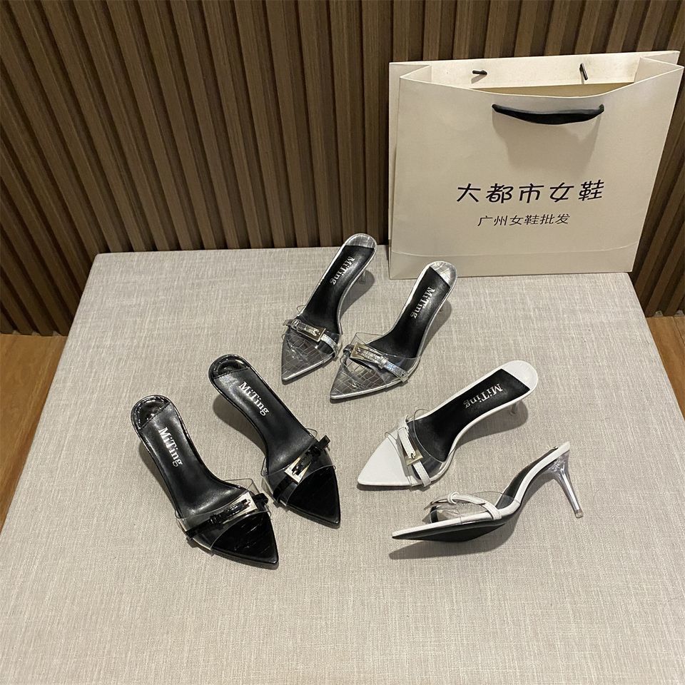 

Premium pointed transparent belt buckle one-word drag woman 2025 summer new fashion crystal heel with skirt high heels 39 серебряный