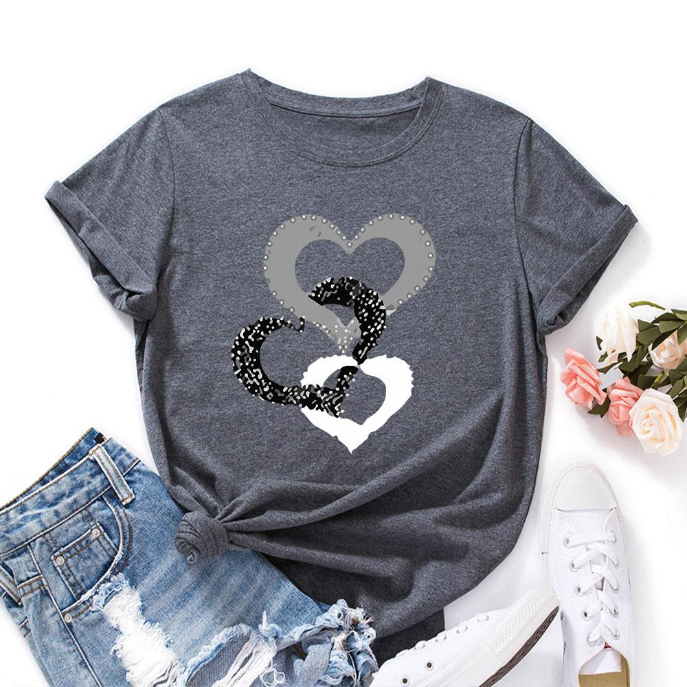 3 Circle Heart Pattern Cotton T-Shirt Short Sleeve Round Neck Women 2d Print Tops