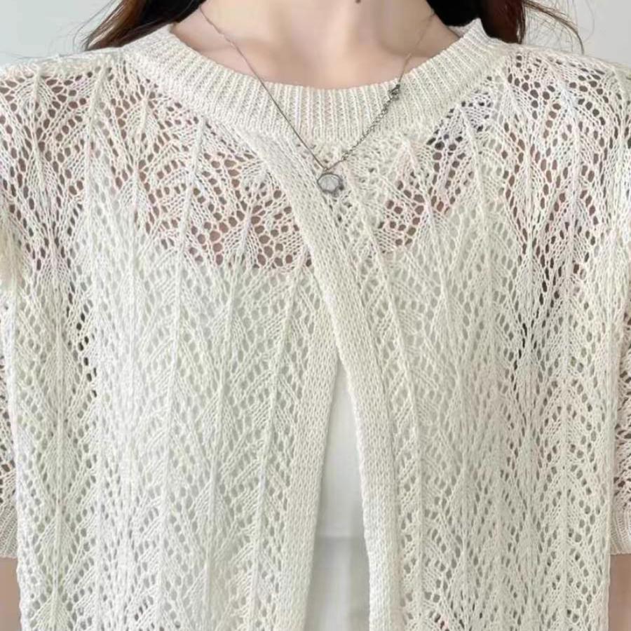 Women's Knitted Sweaters Lady Hollow out Mesh Thin Pullover See Through Look short Sleeve Loose long Tops Smock Two outfits 2025