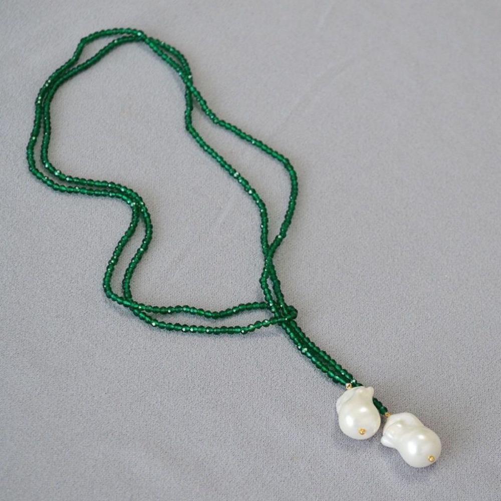 Sequins Rhinestone Neck Chain Black Green Long Necklace Vintage Imitation Pearl Pendant  Women Girl