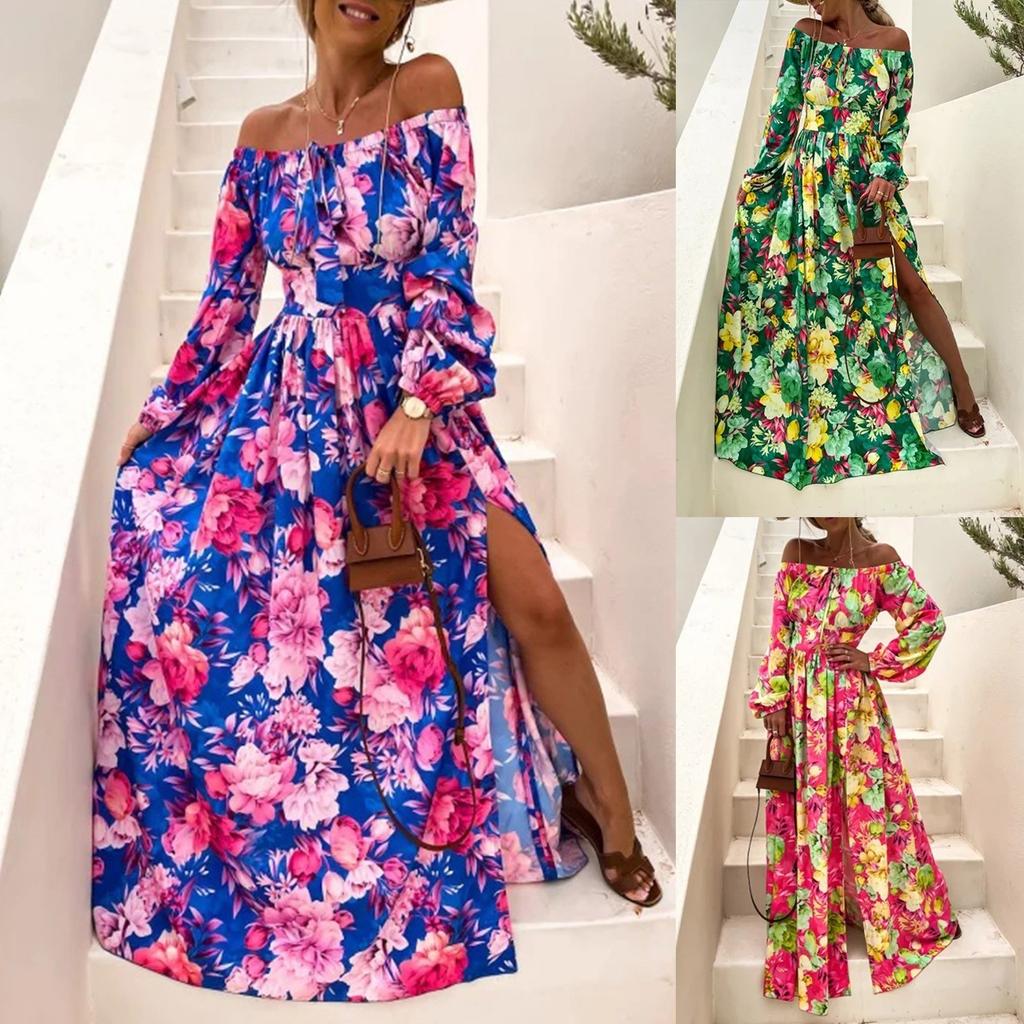 Women's Casual Sexy Flat Neck Pullover Long Sleeve Printed Slit Dress