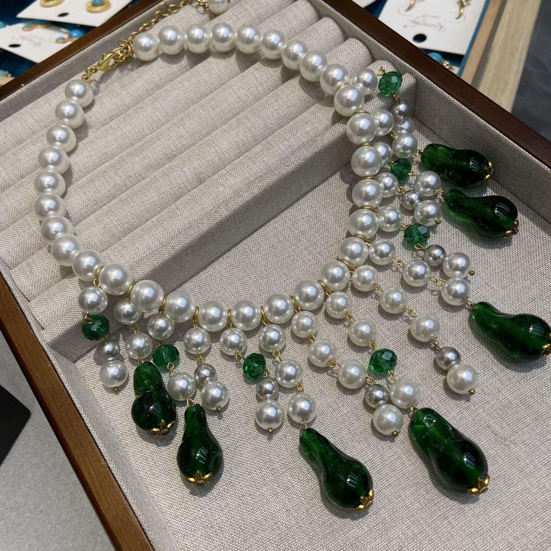 

Ретро-капля воды, зеленая глазурованная подвеска, длинное жемчужное ожерелье с бахромой, дизайн цепочки на шею, преувеличенный дизайн, модная цепочка для свитера