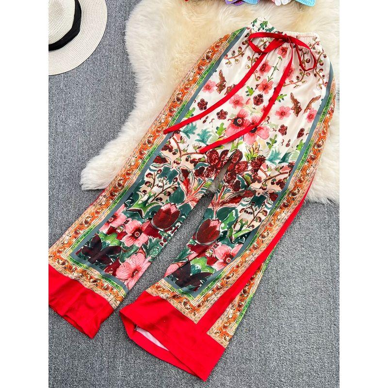 Seaside Holiday Cut Out Crocheted Flower Color Lace Sling Vest Two-Piece Set Ethnic Style Retro High Waist Loose Pants