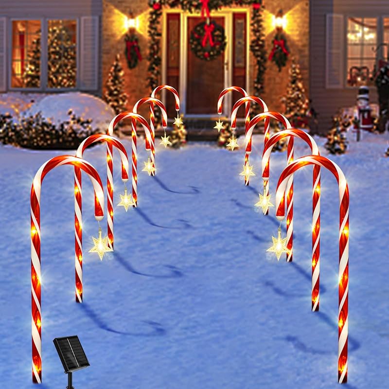 5Pcs Candy Cane Solar Lights Christmas Decorations Outdoor with 2 Lighting Modes Waterproof Garden Lights for Christmas Patio Yard Walkway