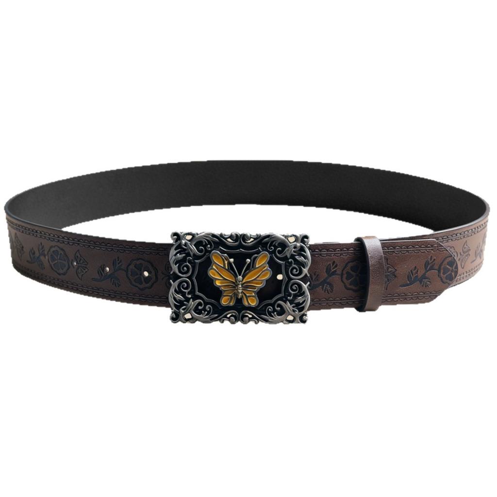 Retro hollow yellow butterfly buckle wide belt, flower embossed PU versatile denim belt wholesale