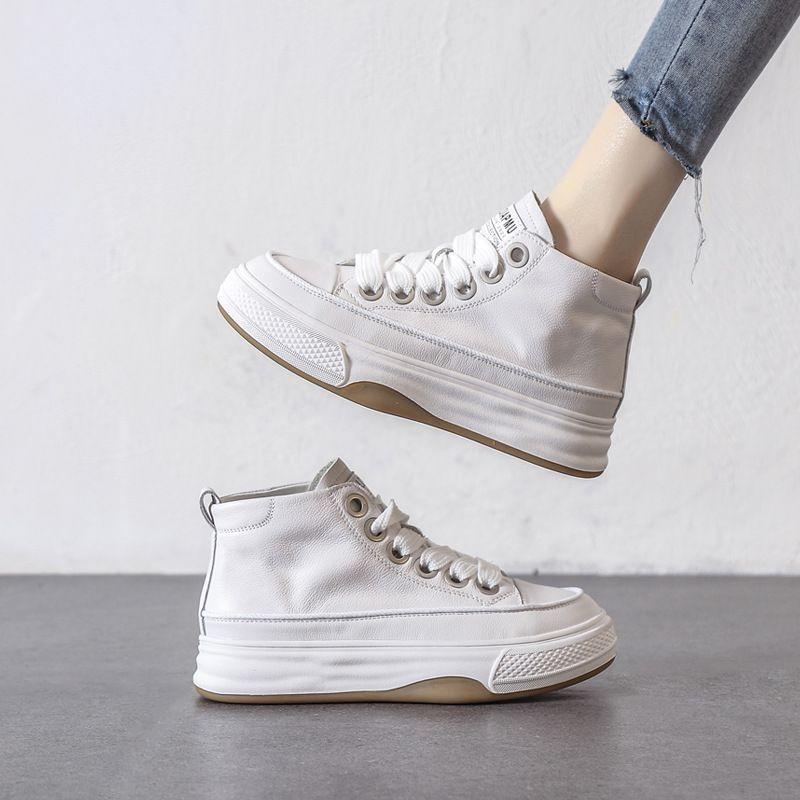 First-layer Cowhide Little White Shoes Women's Board Shoes New White Muffin Thick-soled High-top Casual Women's Shoes