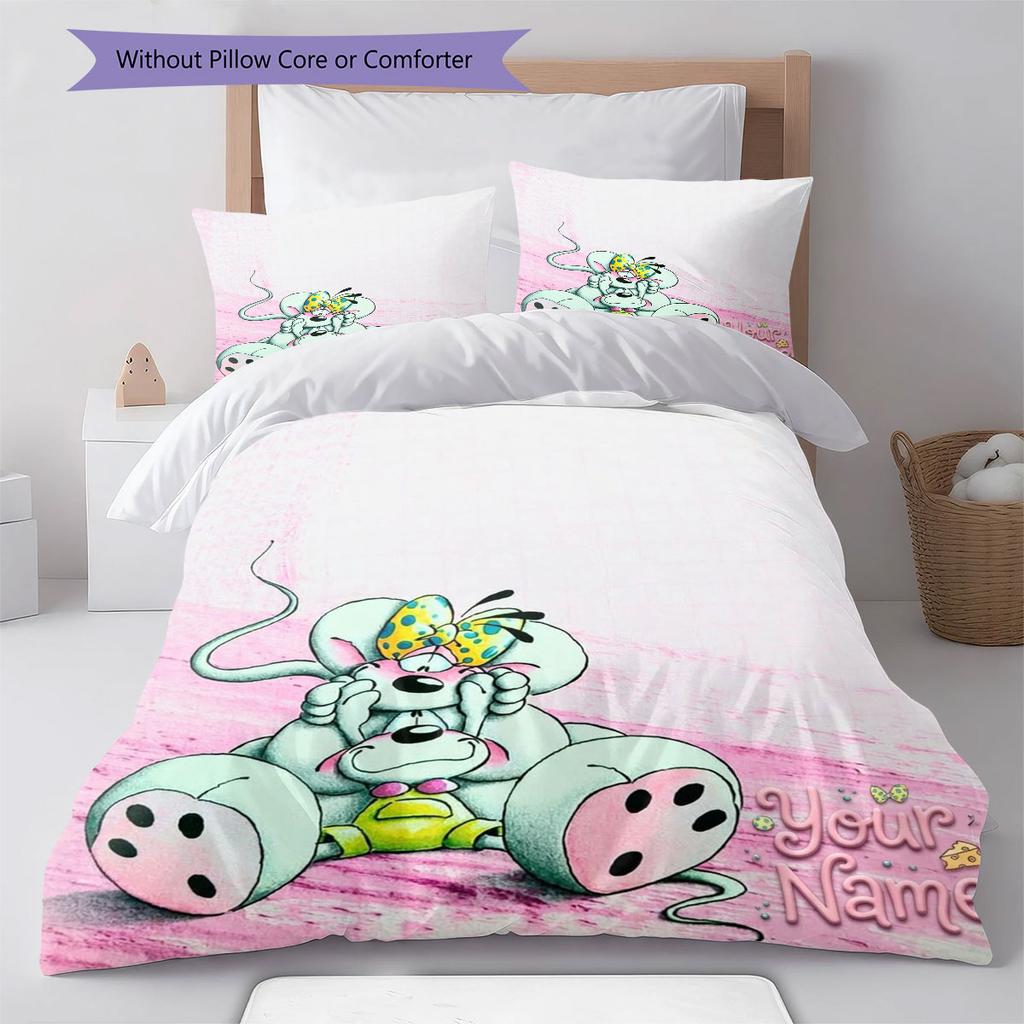 Diddl Custom Name Pattern Bedding,Quilt Set Quilt Cover Pillowcase Home Birthday Gift(1 * Duvet Cover + 2 * Pillowcase, Without Core)