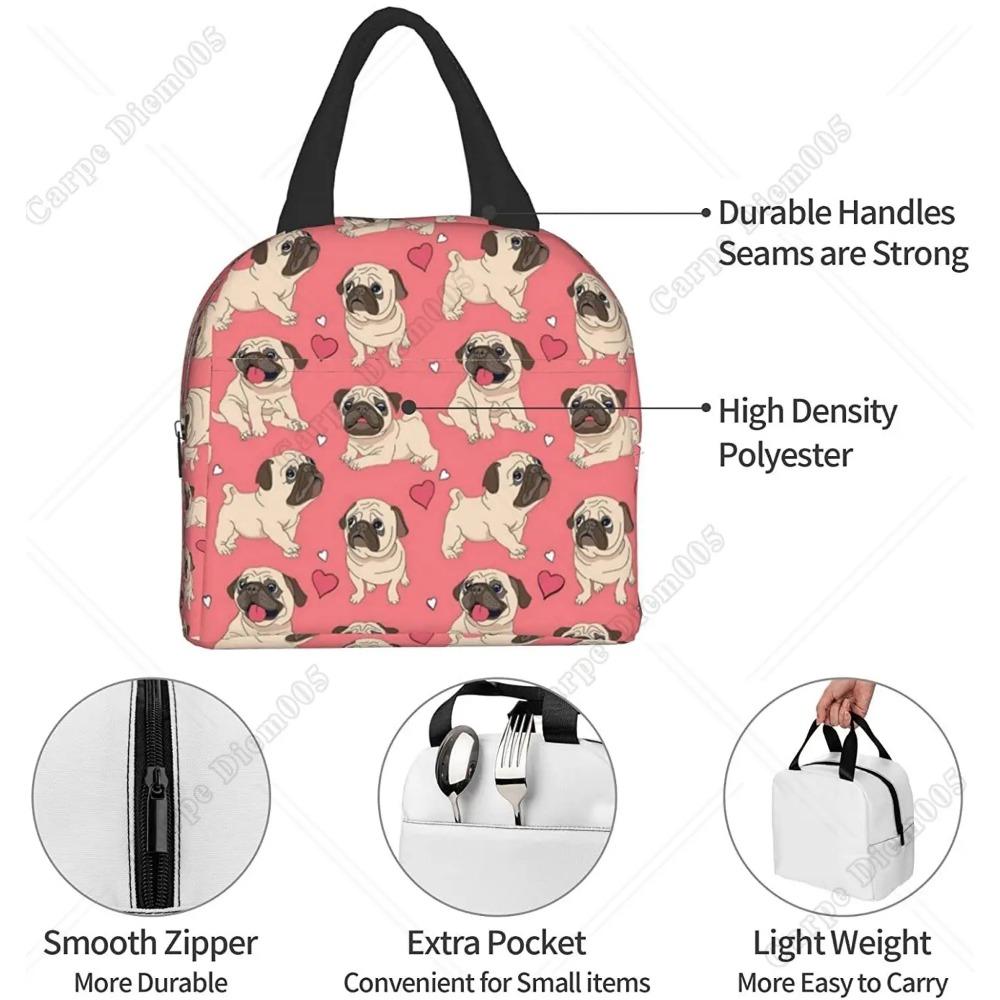 Cute Puppy Pug Dog Lunch Bag Box for Girls Women School Insulated Lunch Bag Reusable Portable Waterproof Cooler Travel Picnic