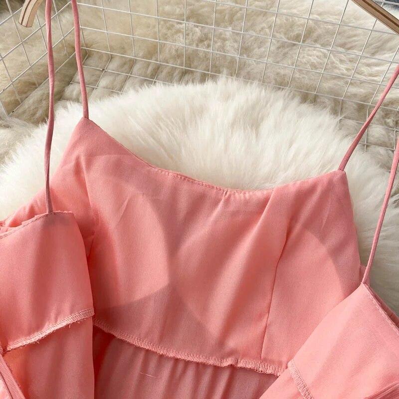 Sexy Mesh Strap One Piece Dress Women Sweet Ruffle A-Line Beach Party Dresses Female Fashion Solid Design Elegant Clothing 2024