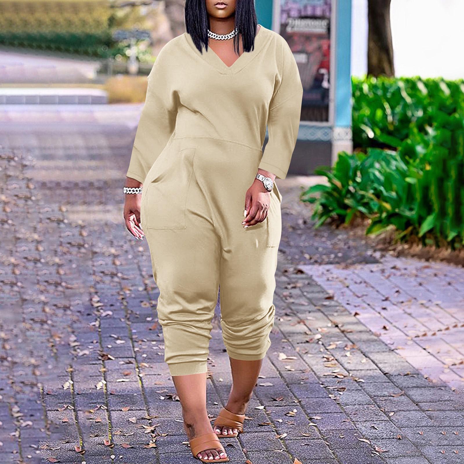 

Women s Large Size Loose Casual Long Sleeve V-Neck Colour Pocket Jumpsuit M бежевий