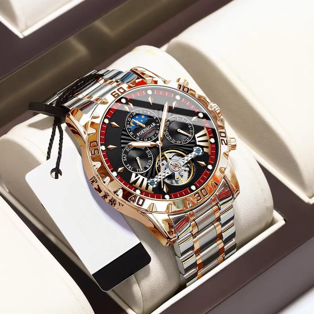 Für POEDAGAR 1410 Luxus Herren Automatik Mechanische Uhr Edelstahl Leuchtend Wasserdicht 22mm Armbandbreite Analoganzeige