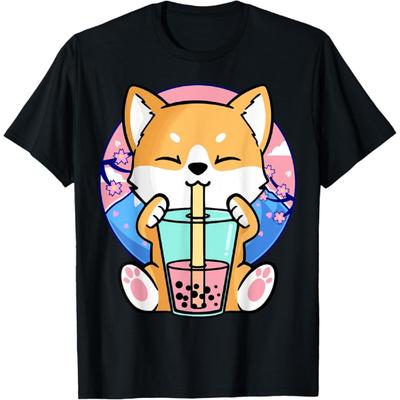 Kawaii Corgi Dog Bubble Tea Boba Anime Neko Japanese Kids T-Shirt