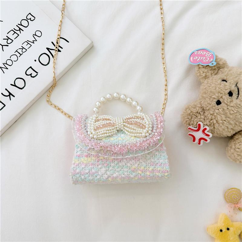 Colorful Sequin Kids Bag With Bowknot Stylish Pearl Handle Mini Crossbody Bag
