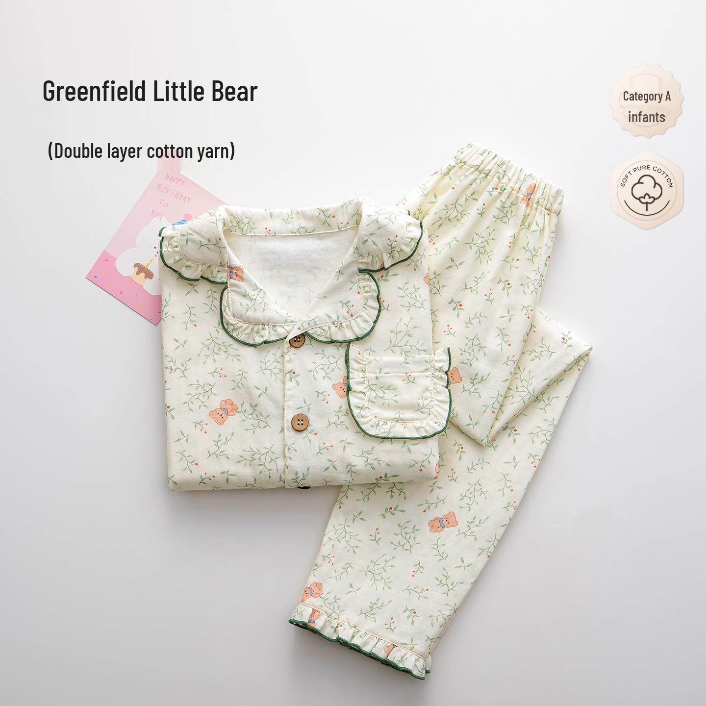 Shangbao Mai Girls Cotton Gauze Pajama Set - Breathable, Lightweight, Loose, Long Sleeve, Lapel, Summer 110 cm
