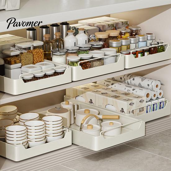 Pull Out Cabinet Organizer Fixed with Adhesive Nano Film Punch-free Heavy Duty Slide Pantry Shelves Sliding Drawer Shelf for Kitchen Living Room