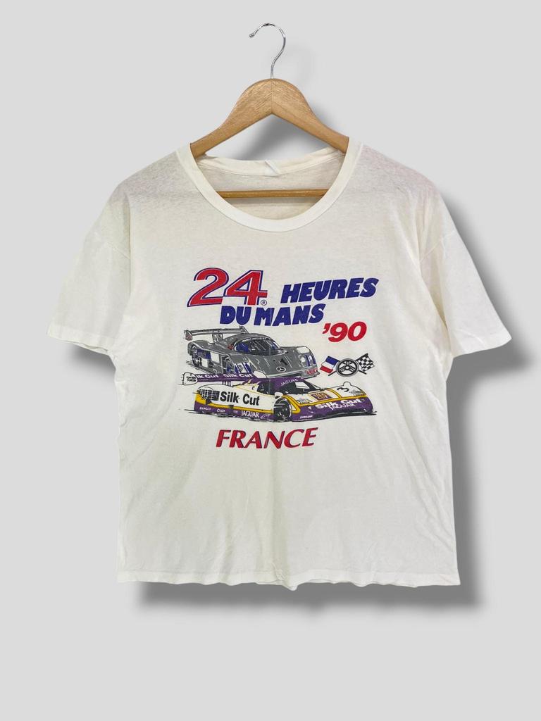 Vintage 90s 24 uur van Le Mans t-shirt verzamelobject motorsport legendarische Groep C raceauto tee flinterdun wit Maat M