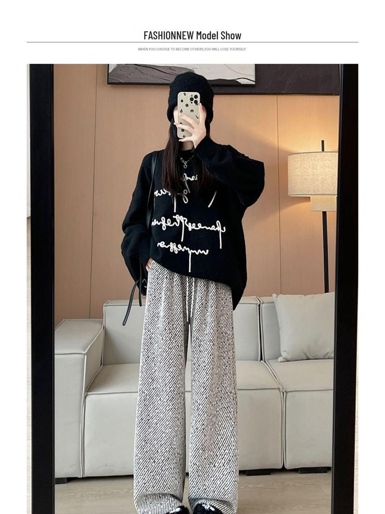 Women's Striped Wide-Leg Wool Pants, Spring/Autumn 2025: Loose, Casual, Drapey Twill with Silver Thread Detailing.
