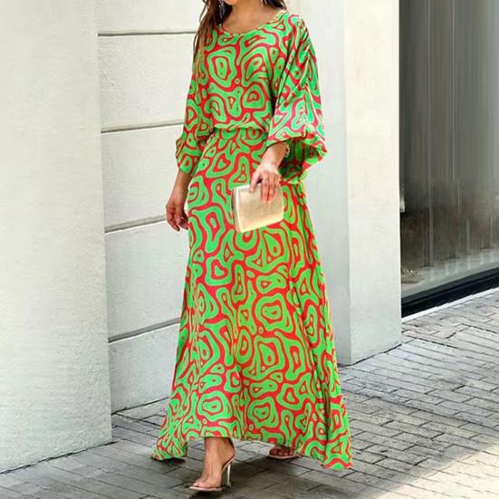 2 Pcs/Set Women Top Skirt Set Contrast Color Print Three Quarter Sleeve Loose Round Neck High Waist Ankle Length Soft Lady