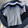 ins Skinny Short Sleeve V-Neck Solid Color Short T-Shirt Women's Summer Skinny High Waist Button Top Women