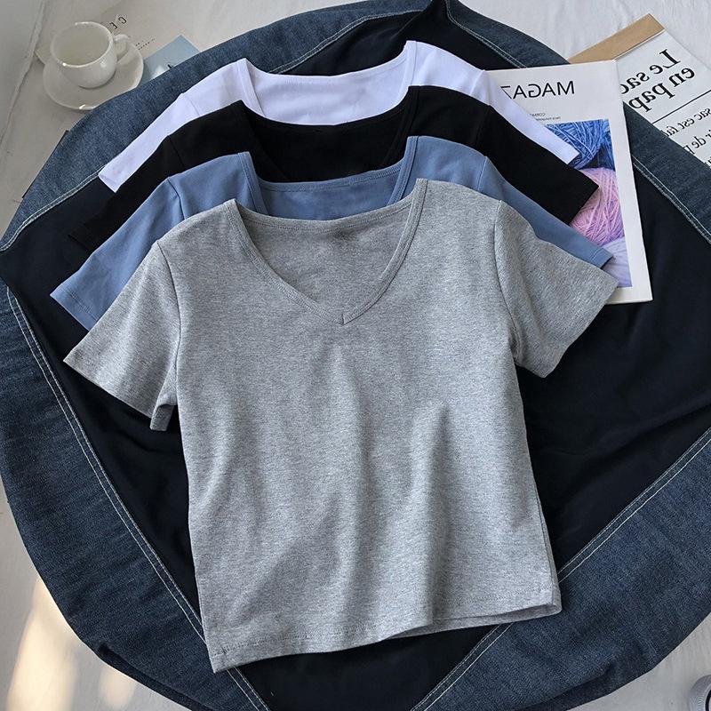 ins Skinny Short Sleeve V-Neck Solid Color Short T-Shirt Women's Summer Skinny High Waist Button Top Women