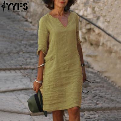 Women's Fashion Summer Spring Solid Color Print Short Sleeve V-Neck Loose Waistline Casual Dresses