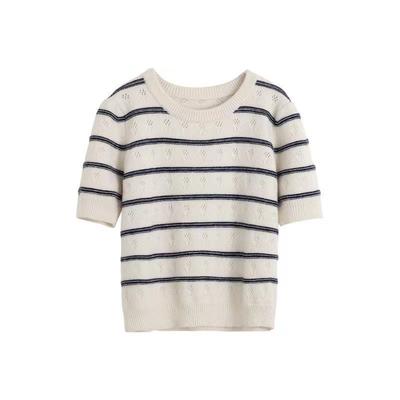 Rundhals Gestreifter Lochmuster Baumwollpullover Kurzarm für Damen Im Sommer Neu Kontrastfarbe Locker und Vielseitig Kurzes Oberteil