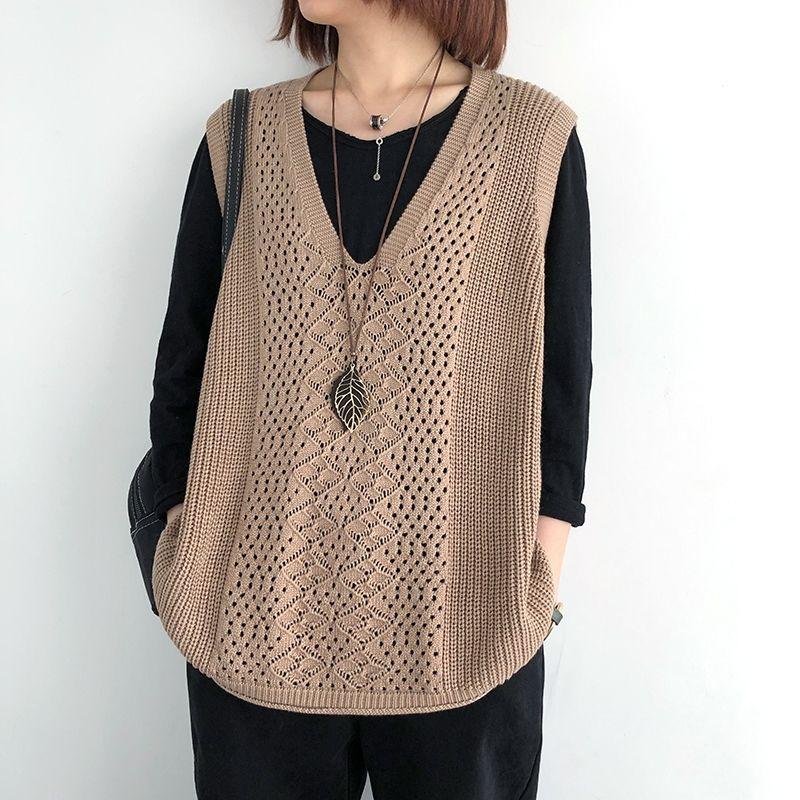 Spring and Autumn Hollow Out Sleeveless Women Knitted Vest Sleeveless Sweater V-Neck Knitted Top Plus Size