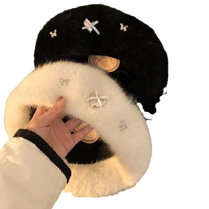 Women’s Hat Cute Bowknot Plush Beret - Winter's Versatile Painter Hat